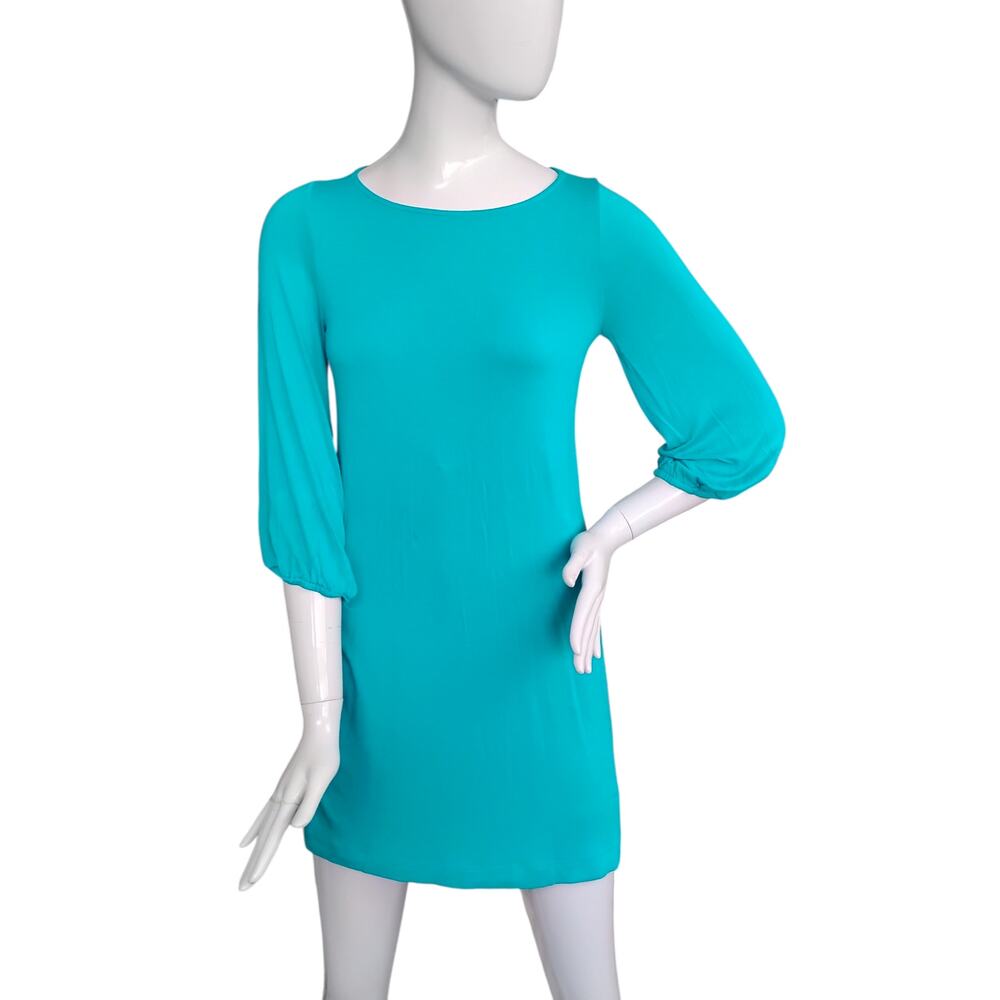 Hourglass Lilly Mini Dress Size Small Turquoise 3/4 Balloon Sleeves Round Neck